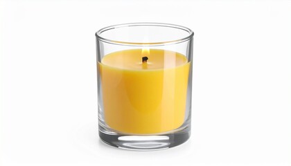 Yellow candle in cylindrical glass container on soft surface, minimalist cozy-themed product flat lay.