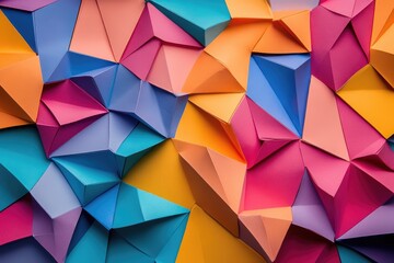 Abstract geometric pattern of colorful, folded paper triangles (1)