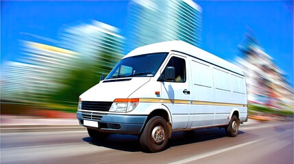 White delivery van speeds through a modern urban landscape on a bright sunny day with striking motion blur effect