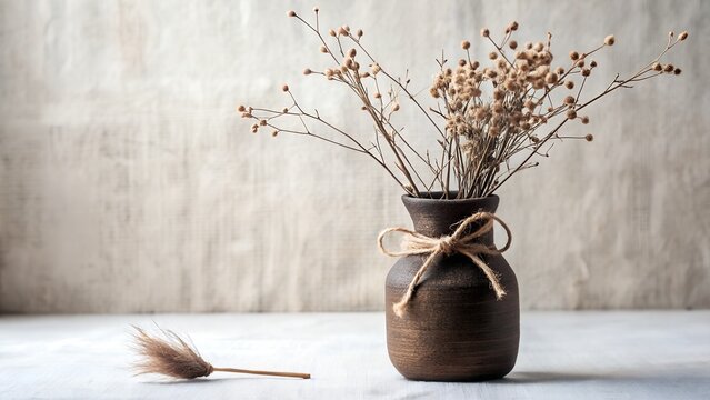 A rustic brown vase holds delicate dried flowers tied with twine