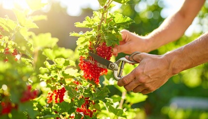 Close-up of hands cutting vibrant red berries from a leafy plant using metal scissors, set in a sunlit outdoor environment. The scene highlights harvest, freshness, and human interaction with nature