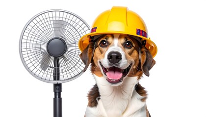 Happy dog in a yellow hard hat with a fan