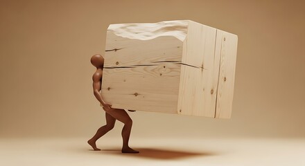 Mannequin Struggling to Carry an Overly Large Wooden Block in a Studio Environment