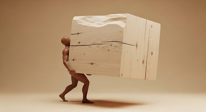 Mannequin Struggling to Carry an Overly Large Wooden Block in a Studio Environment