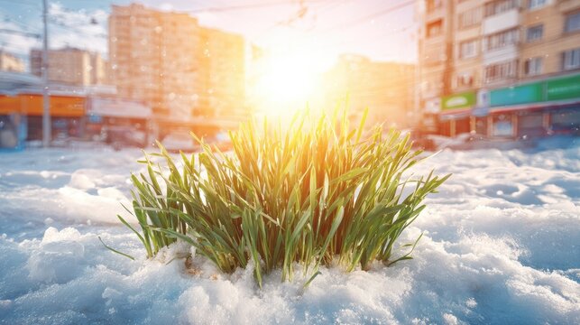 Grass sprouts at the edge of an ice-covered pond in a city park during early spring with sunlight reflections - Powered by Adobe