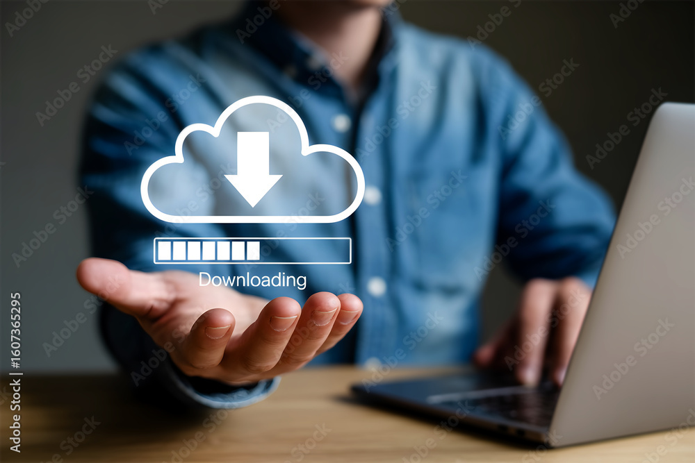 Poster downloading data from cloud storage – cloud computing technology concept