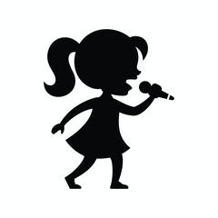 Silhouette of Young Girl Singing with Microphone, Child Performing on Stage, Kids Talent Show, Music Performance, Black and White Vector Illustration