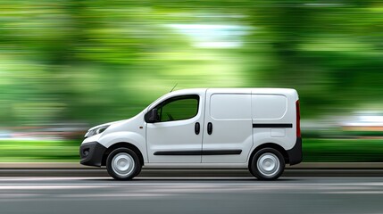 White van driving on a sunny highway with motion blur effect, capturing the essence of travel and adventure in a hyperrealistic style