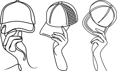 Set of Minimalist Line Art Hands Holding Caps, Modern Hat Outline Illustration.