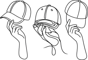 Set of Minimalist Line Art Hands Holding Caps, Modern Hat Outline Illustration.