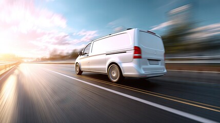 White van driving on a sunny highway with motion blur effect, capturing the essence of travel and adventure in a hyperrealistic style
