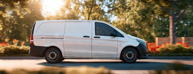 White van driving on a sunny highway with motion blur effect, capturing the essence of travel and adventure in a hyperrealistic style