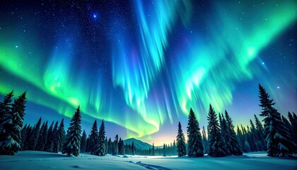 Northern Lights over Snowy Forest