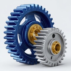 Two interlocking metal gears isolated on white background