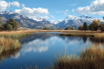 Fototapeta premium Serene mountain lake reflecting a vibrant autumn landscape under a cloudy blue sky