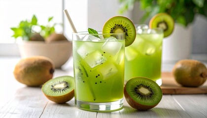 Refreshing kiwi mojito drink served in clear glasses, filled with ice cubes and garnished with kiwi slices on the rim. Whole and halved kiwis scatter across a white tabletop, complemented by a bowl of