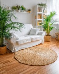 Cozy Modern Living Room with White Sofa Surrounded by Lush Green Plants and Natural Light
