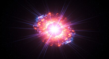 Fototapeta premium Cosmic supernova explosion in deep space, glowing nebula with bright star flare, galactic space background