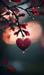 Red Valentine heart hanging on blooming branch with flowers