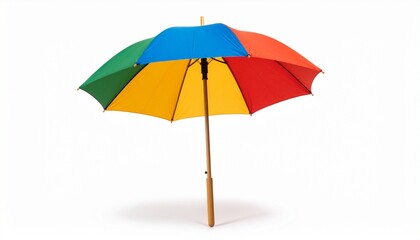 Open umbrella with segmented panels in vibrant green, blue, yellow, and red hues, standing upright against a clean white backdrop. The wooden handle adds an elegant, natural touch to the playful compo
