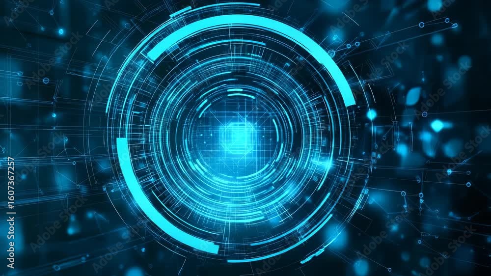 Poster abstract technology background with glowing blue circular elements and data transmission