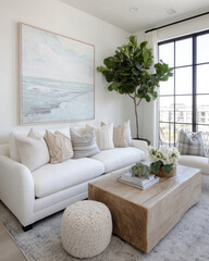 Elegant and Minimalist Living Room Interior with White Sofa and Natural Decor Elements