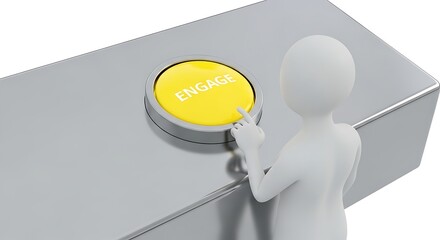 3D Man Pushing a Yellow Button with the Word Engage, Symbolizing Action