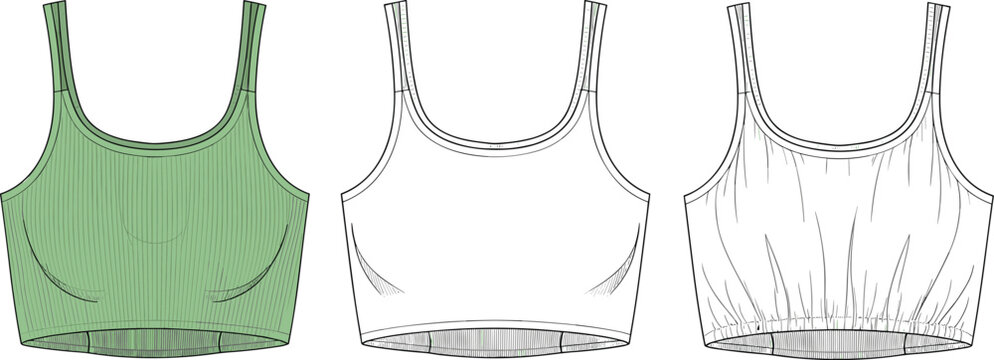 Stylish Women's Ribbed Sports Bra Design, Front Back and Elasticated Hem View, Activewear Crop Top Template, Editable Vector Flat Sketch.
