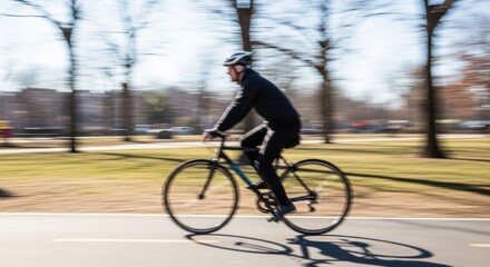 Fototapeta premium Blurred motion of cyclist riding bike on path through park on sunny day