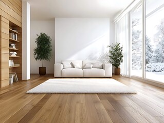 Fototapeta premium Bright Minimalist Living Room with White Modern Sofa, Light Wood Flooring, and Large Sunlit Windows