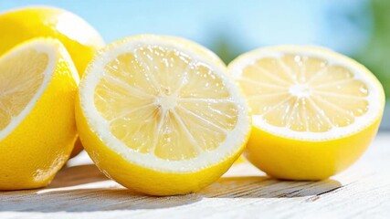 Zesty Citrus: Bright yellow lemons, sliced and whole, create a vibrant and refreshing display, perfect for conveying freshness, flavor, and the zest of life.