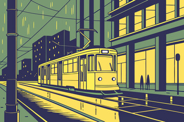 Obraz premium A yellow tram rides glowing wet tracks at night amid city lights, neon signs, and reflections in the rain, modern flat illustration style.
