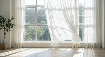 Fototapeta premium Breezy white curtains dance in sunlit room with potted plant near window