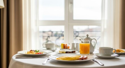Fototapeta premium Bright Breakfast Table with Omelets, Juice, and Coffee by Window Light
