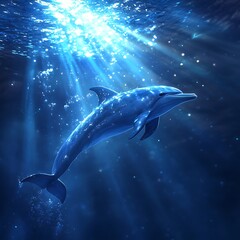 Naklejka premium Sunlight beams through water illuminating swimming dolphin high resolution picture