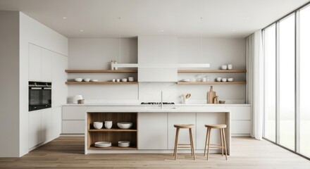 Bright modern kitchen with island, wooden stools, open shelves, and large window