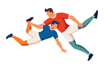Fototapeta premium Two male athletes in dynamic poses stretching and kicking