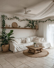 Cozy Minimalist Living Room with Natural Elements and Indoor Plants in Neutral Tones