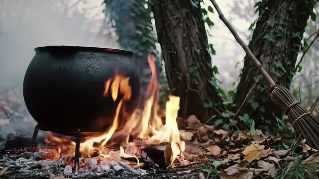 Halloween. A witch's cauldron is boiling on fire in the forest, creating an eerie and enchanting atmosphere