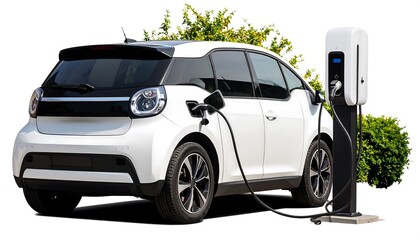 White electric car charging at a station