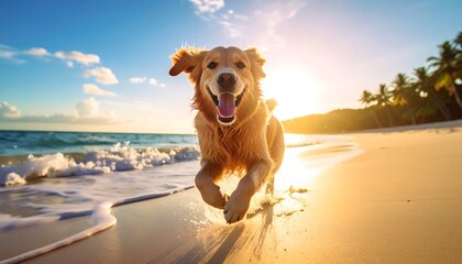 Happy golden retriever running on a beach at sunset