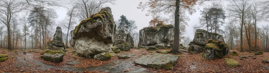 Fototapeta premium Misty forest with large rock formations