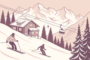 Illustration of skiers on a slope with a cabin, trees, mountains, and a ski lift in the background