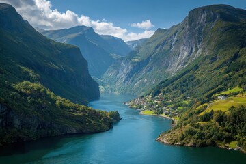 Majestic norwegian fjord landscape under a dramatic sky with verdant green mountains and deep blue water