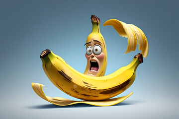 Funny Shocked Cartoon Banana with Facial Expression Generative AI