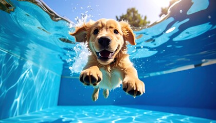Playful golden retriever puppy swimming underwater
