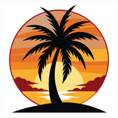 Stylized silhouette of a palm tree on a tropical island at sunset