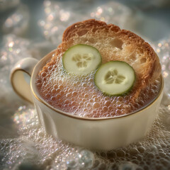 Surreal Soup with Bread and Cucumber Slices – Abstract Food Art Generative AI