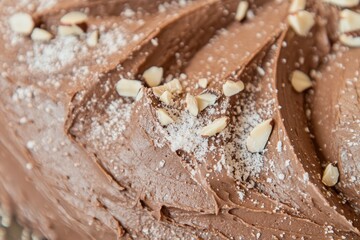 Close-up of a chocolate cake frosted with swirls of rich brown icing, sprinkled with chopped almonds and a dusting of powdered sugar.  