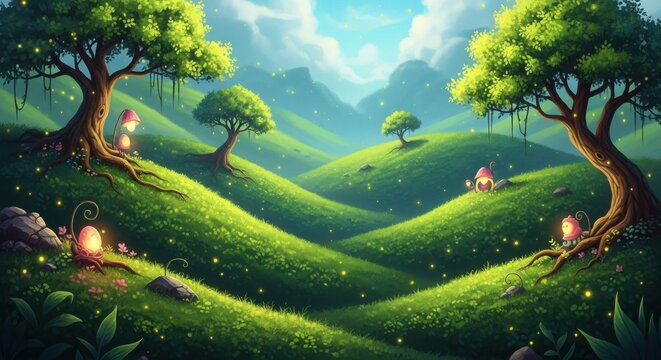 Enchanted Rolling Hills Bathed in Sunlight With Mystical Forest Creatures and Glowing Lanterns